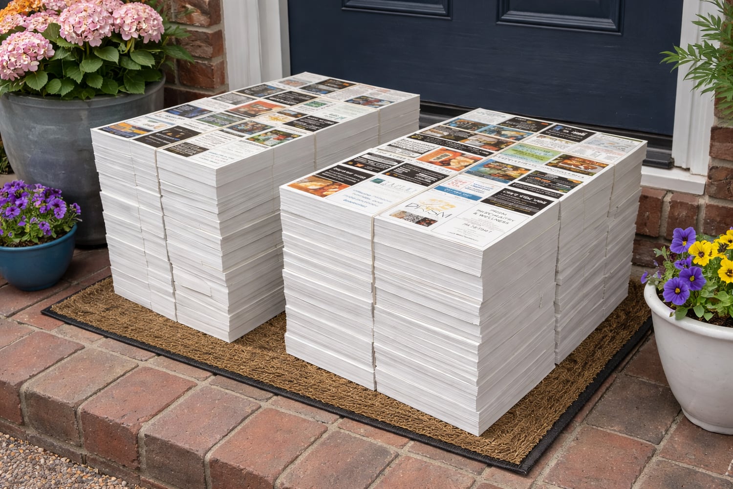 Stacks of The Local Pop mailers ready for delivery on a doorstep