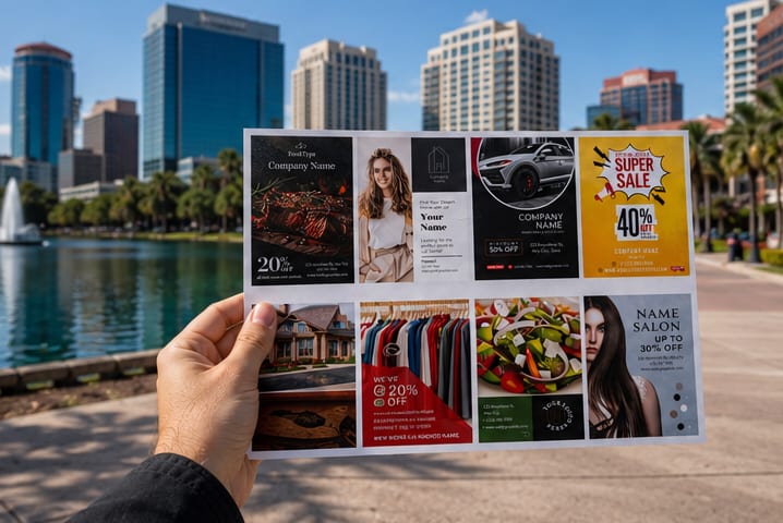 The Local Pop mailer with the downtown Orlando skyline over Lake Eola